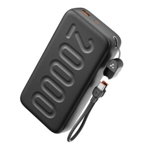: Ambrane 20000mAh Powerbank with in-Build Type C Cable, 22.5W Fast Charging, USB & Type C Output, Power Delivery, Quick Charge for iPhone, Android Mobile & Tablets, Earbuds, (Stylo N20, Black)