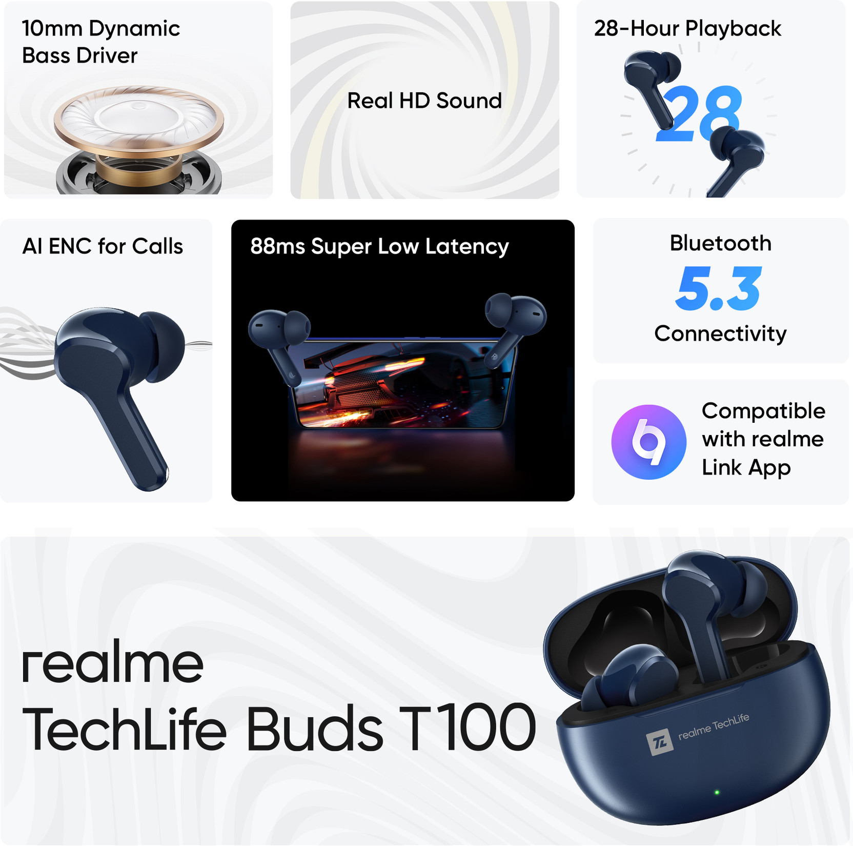 realme Buds T110 (RMA2306) with AI ENC for calls, 38 hours of Playback and Deep Bass Bluetooth Price in India - Buy realme Buds T110 (RMA2306) with AI ENC for calls, 38 hours of Playback and Deep Bass Bluetooth Online - realme - Image 4