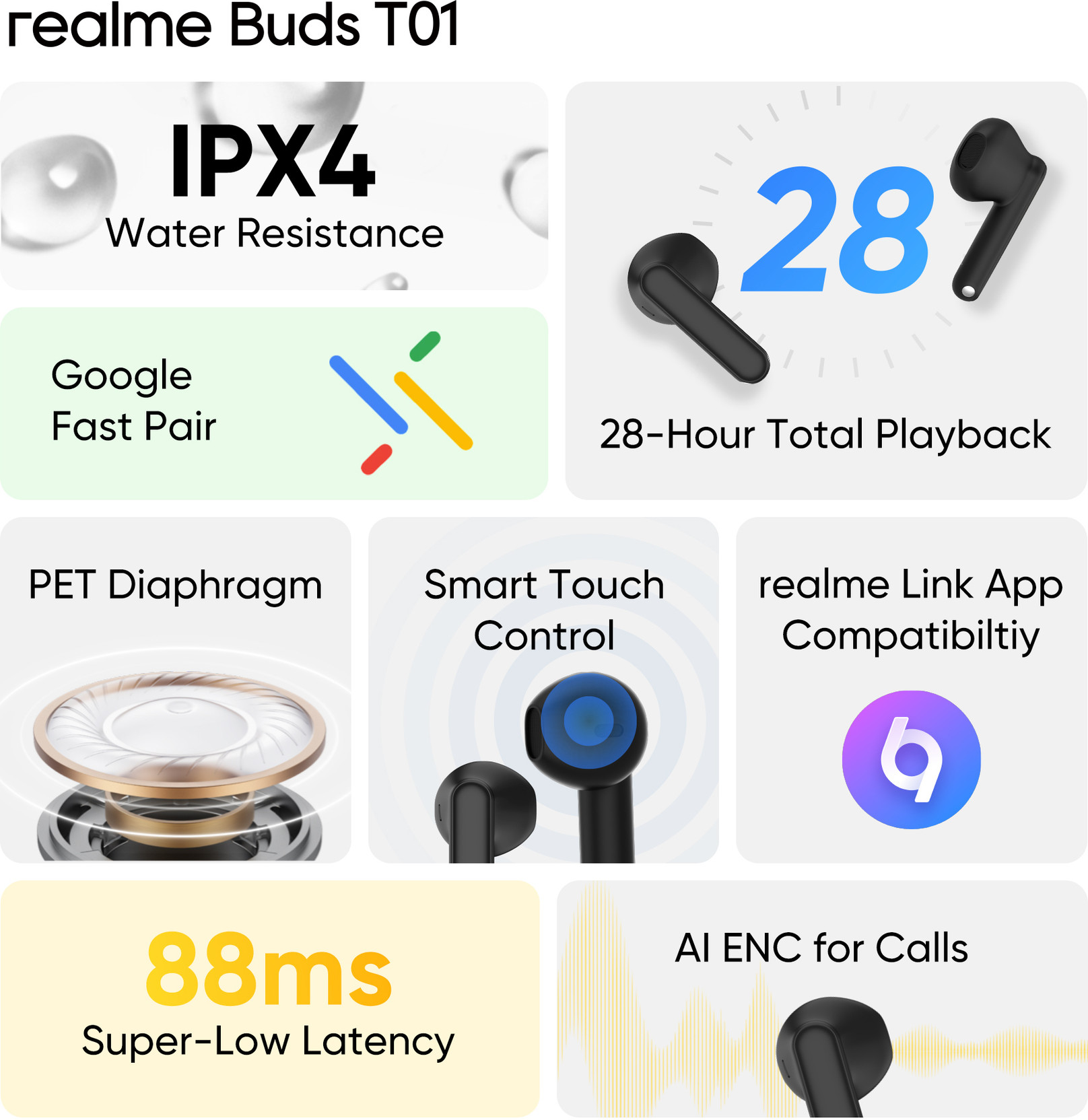 realme Buds T01 with 13mm Driver, AI ENC for Calls, BT 5.4 and upto 28 hours Playback Bluetooth Price in India - Buy realme Buds T01 with 13mm Driver, AI ENC for Calls, BT 5.4 and upto 28 hours Playback Bluetooth Online - realme - Image 5